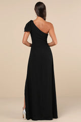 Simply Brilliant Black One-Shoulder Bow Maxi Dress