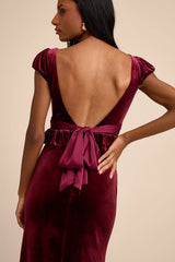 Romari Burgundy Velvet Ruffled Puff Sleeve Bow Maxi Dress