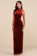 Notorious Stunner Rust Velvet Mock Neck Backless Maxi Dress