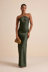 Gracie Magenta Satin Halter Neck Maxi Dress