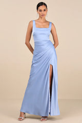 Red Carpet Romance Peach Satin Square Neck Maxi Dress