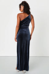 Elegant Era Olive Green Velvet One-Shoulder Maxi Dress