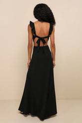 Captivating Charisma Black Ruffled Cutout Tie-Back Maxi Dress