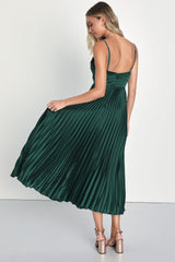 Fabulous Perfection Navy Blue Satin Pleated Midi Dress