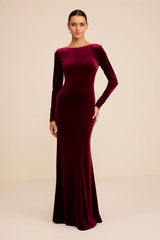 Rabeya Burgundy Velvet Backless Mermaid Maxi Dress