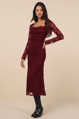 Certainly Iconic Burgundy Lace Midi Dress and Shrug Set