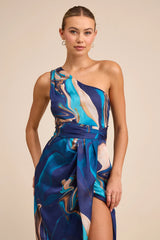 Rhema White Multi Abstract Print Satin Midi Dress