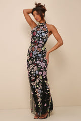 Infinite Praise Black 3D Floral Embroidered Halter Maxi Dress