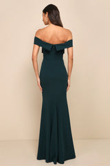Elegant Perception Hunter Green Off-the-Shoulder Bow Maxi Dress