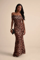 Dunia Black Floral Print Mesh Off-the-Shoulder Maxi Dress