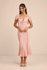 Aviara Light Pink Lace Ruffled Flutter Sleeve Midi Dress