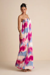 Celandine Teal Green Pleated Strapless Swing Maxi Dress