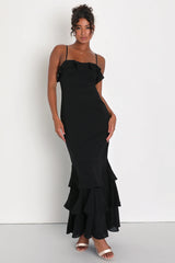 Lively Evenings Black Sleeveless Tiered Maxi Dress