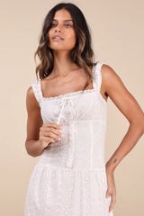 Nerissa White Eyelet Embroidered Ruffled Drop Waist Midi Dress