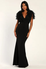 Fabulous Fun Black Tulle Flutter Sleeve Mermaid Maxi Dress