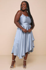 Days Like Today Blue Satin Asymmetrical Tie-Back Midi Dress