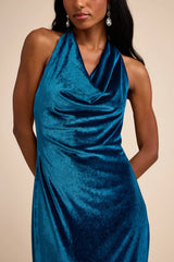 Elarina Blue Velvet Cowl Halter Mermaid Maxi Dress