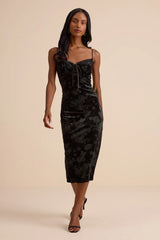 Areti Black Velvet Burnout Column Midi Dress