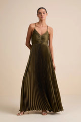 Dreaming in Color Coral V-Neck Pleated Satin Maxi Dress