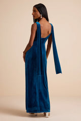 Liora Dark Teal Velvet Boat Neck Sash Maxi Dress