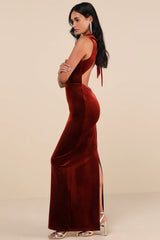 Notorious Stunner Rust Velvet Mock Neck Backless Maxi Dress