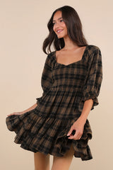 No One Cuter Black and Tan Plaid Puff Sleeve Tiered Mini Dress