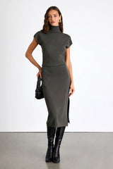 Ashford Rust Red Turtleneck Short Sleeve Sweater Midi Dress
