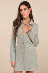 Cuddly Sweetness Heather Green Button-Front Sweater Mini Dress