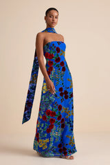 Corelia Blue Floral Velvet Burnout Strapless Sash Maxi Dress
