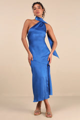 Reglan Blue Satin One-Shoulder Sash Midi Dress