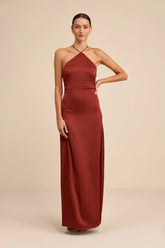 Nisrine Rust Red Satin Lace-Up Halter Maxi Dress