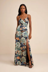 Radiant Occasion Light Green Floral Satin A-Line Maxi Dress
