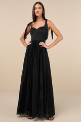 Attentive Elegance Black Tie-Strap Bustier Pleated Maxi Dress