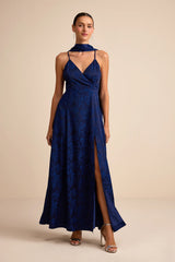 Mahira Navy Satin Jacquard Surplice Sash Scarf Maxi Dress