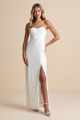 Exquisite White Velvet Burnout Strapless Maxi Dress