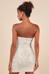 Enchanting Bombshell Cream Floral Jacquard Strapless Mini Dress