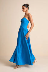 Rozala Bright Blue Pleated Strapless Maxi Dress