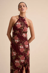 Elegant Entrance Black Floral Print Halter Maxi Dress