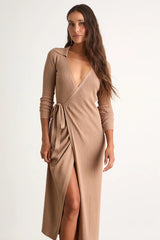 Neyla Olive Green Ribbed Sweater Wrap Midi Dress
