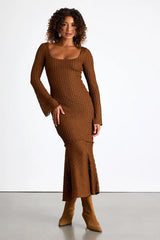 Nelida Brown Textured Long Sleeve Midi Dress