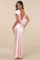 Captivating Presence Blush Pink Satin Cowl Back Maxi Dress