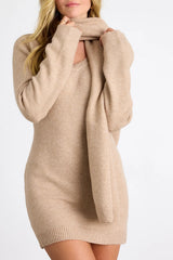 Essential Coziness Heather Beige Sweater Dress and Scarf Set