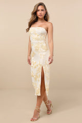 Kattalin Cream Floral Applique Strapless Midi Dress