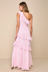 Brilliant Grace Light Pink Ruffled One-Shoulder Maxi Dress
