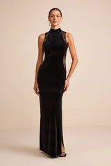 Kemalie Black Velvet Lace Mock Neck Maxi Dress