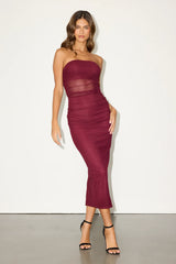 Utterly Attractive Slate Blue Mesh Ruched Strapless Midi Dress