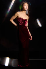 Dramatic Stunner Black Velvet Bow Strapless Maxi Dress