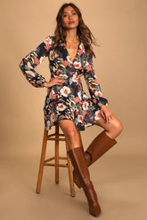 So Splendid Navy Blue Floral Satin Long Sleeve Wrap Dress