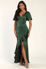 Eternal Bond Emerald Satin Ruffled Flutter Sleeve Maxi Dress