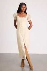 Crissa Cream Lace Textured Puff Sleeve Midi Dress